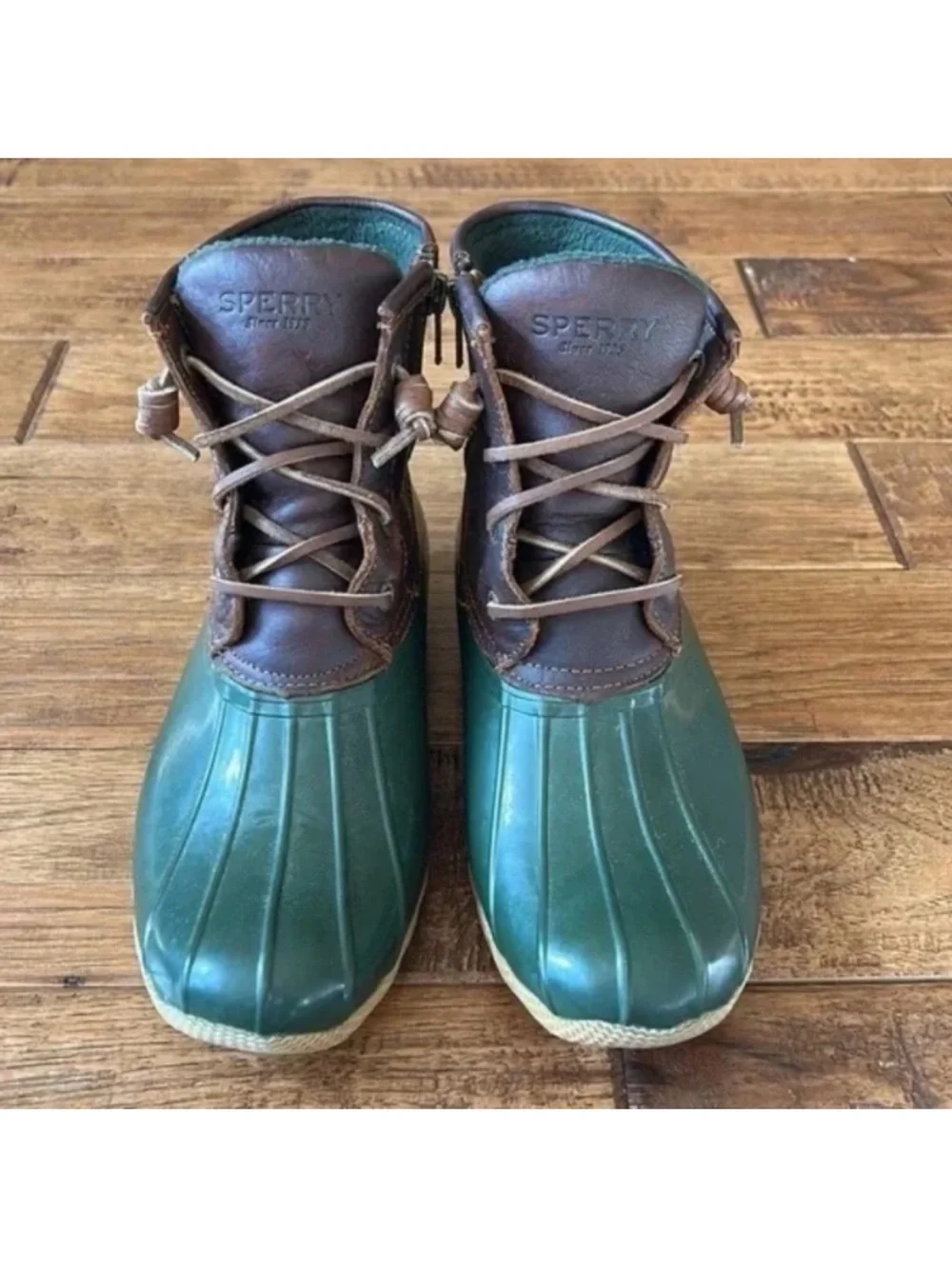 Sperry Top Sider Saltwater Duck Boots Waterproof Leather Rubber Brown Green 7.5